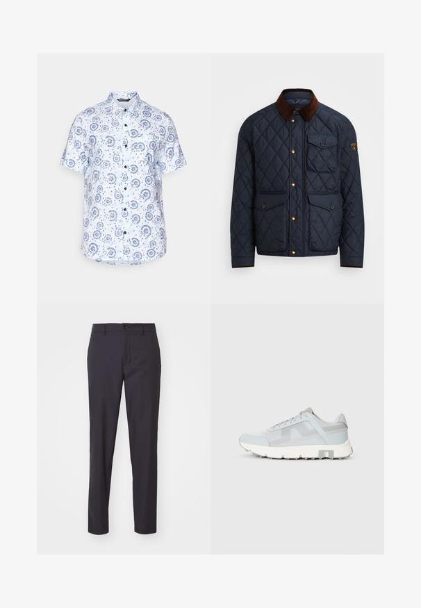 Navy quilted jacket with brown corduroy collar, featuring gold snap buttons, four front pockets, and a logo patch on the left sleeve.; Short-sleeve shirt in light blue fabric featuring a floral and circular pattern, button-up front, and pointed collar.; Slim-fit dark gray trousers made of smooth fabric, featuring a front button closure, belt loops, and a simple, unembellished design.; Light blue athletic shoes with a mesh upper, textured panels, and a white rubber sole. Features flat laces and a cushioned collar.