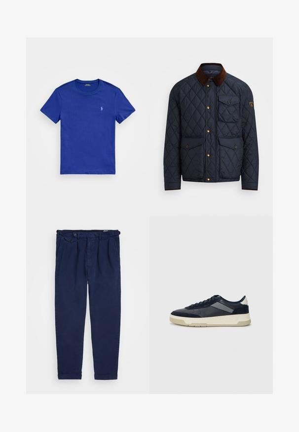 Marinblå quiltad jacka med brunt kordflosskoll, prydd med guldfärgade tryckknappar, fyra framfickor och en logotypapplikation på vänster ärm.; Polo Ralph Lauren CUSTOM SLIM FIT JERSEY CREWNECK T-SHIRT - T-shirt - bas - beach royal; Marina chinos i bomull, med rak benmodell, framfickor, knäppning och upprullade muddar. Slät textur med minimalistisk design.; BOSS BALTIMORE - Sneakers - open blue