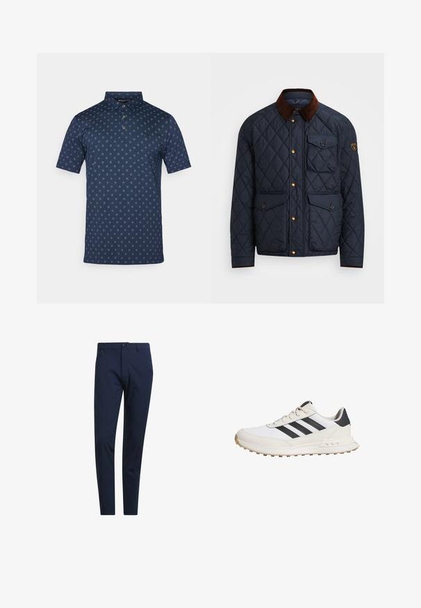 Marineblauwe geborduurde jas met een bruine corduroy kraag, voorzien van gouden drukknoopsluitingen, vier voorzakken en een logopatch op de linkermouw.; Marineblauwe poloshirt in katoenmix met korte mouwen, knoopsluiting en een herhalend lichtblauw bloemmotief over het hele shirt. Heeft een klein logo.; Marineblauwe chino's met een slim fit, gemaakt van lichtgewicht stof, voorzien van riemlussen, een knoopsluiting aan de voorkant en zijzakken.; Witte sportieve schoenen met zwarte strepen, voorzien van een gestructureerde rubberen zool, een gladleren bovenwerk en een gevoerde kraag voor extra ondersteuning.