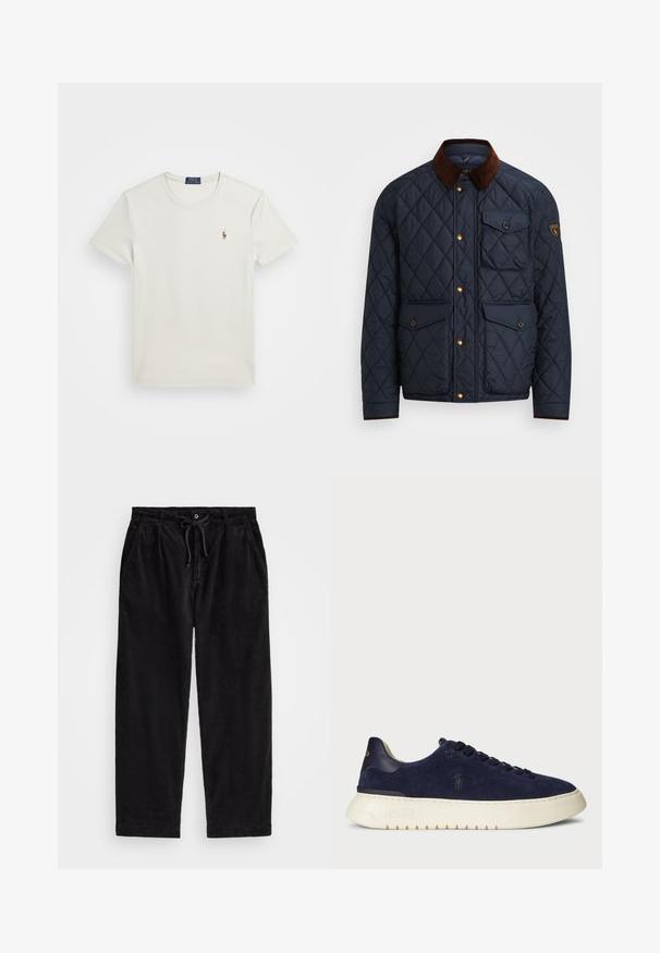 Námořnická prošívaná bunda s hnědým kordovým límcem, vybavená zlatými patentkami, čtyřmi předními kapsami a logem na levém rukávu.; Polo Ralph Lauren CUSTOM SLIM FIT SOFT COTTON T-SHIRT - Jednoduché tričko - parchment cream; Černé kordové kalhoty s volným střihem, vybavené elastickým pasem se šňůrkou a bočními kapsami. Tkanina má jemně rýhovanou strukturu.; Navy semišové nízké tenisky s texturovaným povrchem, gumovou podrážkou a tónovacími šňůrkami, s malým logem na boku a patě.