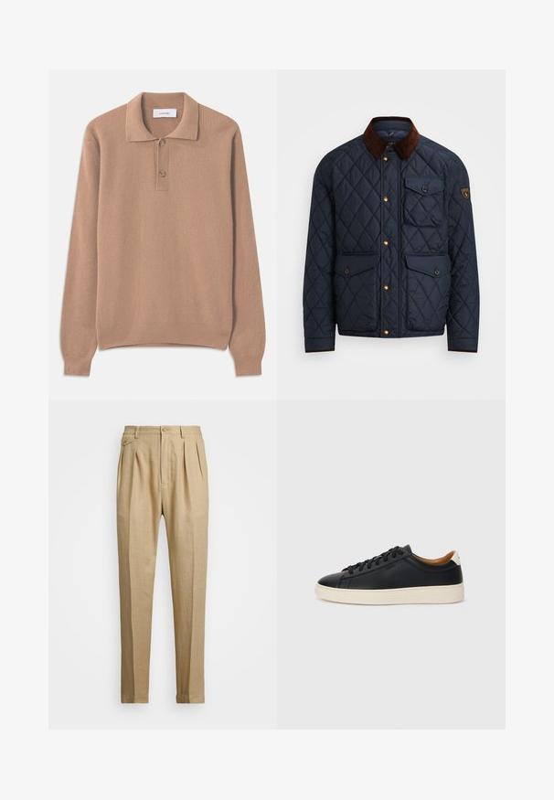 Marineblauwe geborduurde jas met een bruine corduroy kraag, voorzien van gouden drukknoopsluitingen, vier voorzakken en een logopatch op de linkermouw.; Beige geribde gebreide trui met lange mouwen, een polokraag en twee knopen bij de halsopening. Zachte textuur en rechte zoom.; Beige linnen broek met een rechte snit, voorzien van twee voorplooien, een knoopsluiting en zijzakken. Gestructureerde stof met een gladde afwerking.; Zwarte leren sneakers met een gladde textuur, beige rubberen zool, vetersluiting en een contrasterende hielaccent.