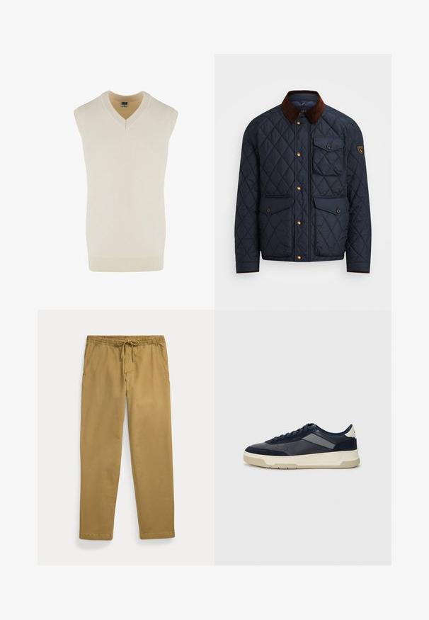 Tumesinine tikandiga jope pruunist korduroyst kraest, millel on kuldsed nupud, neli esipoolset taskut ja logokleeps vasakul varrukal.; Varrukateta kreem V-kaelusega sviiter, mis on valmistatud pehmest kudumisest. Omab soonikkoes kaelust ja allääret ning sirget lõike disaini.; Khaki otsteegival pükstel on elastne vöökoht ja eespael, lamedad eestaskud ja õmmeldud servad.; BOSS BALTIMORE - Tossud - open blue