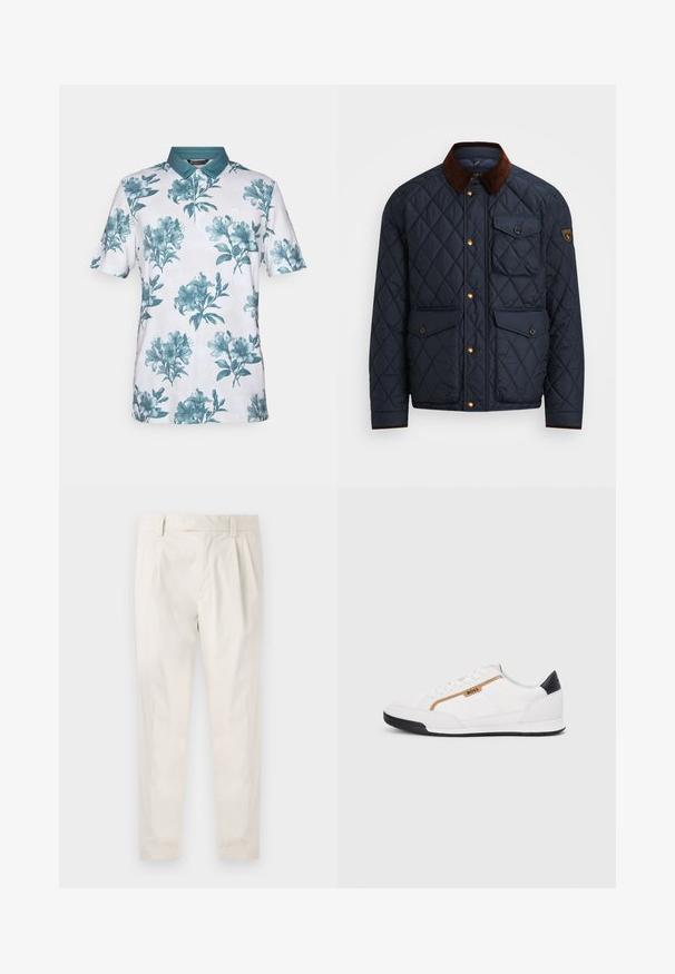 Námornícky prešívaný kabát s hnedým kordovým golierom, ktorý má zlaté cvoky, štyri predné vrecká a nášivku s logom na ľavom rukáve.; Krátky rukáv polo tričko vyrobené z bielej látky s tyrkysovým kvetinovým vzorom. Má tyrkysový golier a rozopínanie na tri gombíky.; Biele plisované nohavice s prispôsobeným strihom, s hladkou textúrou, pútkami na opasok a zúženými nohavicami. Žiadne viditeľné vrecká ani vzory.; Biele športové topánky s akcentmi z korku a kože. Obsahujú zlaté logo "BOSS", textúrované bočné panely a čierny pätník. Gumová podrážka.