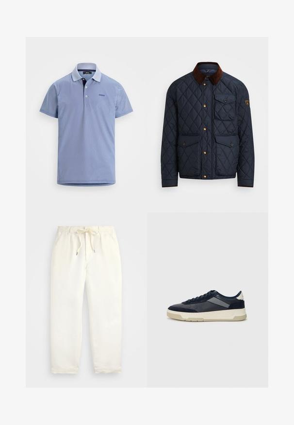 Námornícky prešívaný kabát s hnedým kordovým golierom, ktorý má zlaté cvoky, štyri predné vrecká a nášivku s logom na ľavom rukáve.; Svetlomodrá polokošeľa s krátkym rukávom s jemným geometrickým vzorom, dvoma bielymi gombíkmi a malým obdĺžnikovým logom na ľavej hrudi.; Svetlo krémové, voľné nohavice vyrobené z mäkkého materiálu. Majú elastický pás s šnúrkou a zúžený strih nohavíc.; BOSS BALTIMORE - Tenisky - open blue