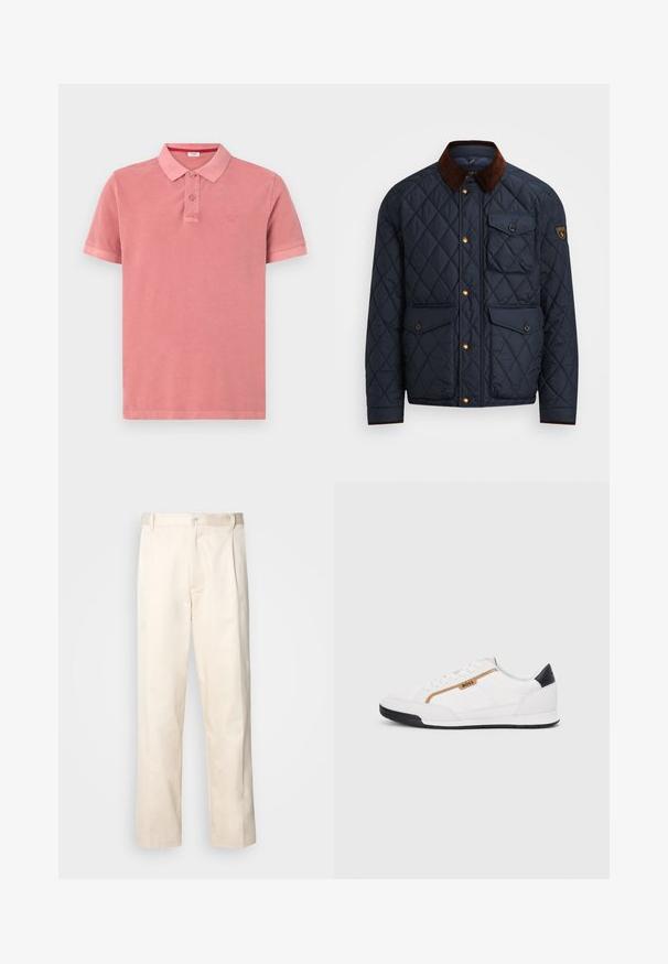 Jūrinis šiltas striukė su rudu kordurojo apykakle, su auksiniais spaustukais, keturiomis priekinėmis kišenėmis ir logotipo pleistru kairiajame rankove.; Minkštos rožinės medvilnės polo marškiniai, turintys klasikinius apykaklės, dviem mygtukais ir mažą siuvinėtą logotipą krūtinėje.; Bežinės medvilninės kelnės su tiesiu kirpimu, turinčios mygtuko uždarymą ir priekyje raukšles papildomai dekoratyviam akcentui.; Balti sportiniai bateliai su tinklinėmis ir odinėmis detalėmis. Yra auksinė "BOSS" logotipas, tekstūruoti šonai ir juodas kulno dangtelis. Guminis padas.