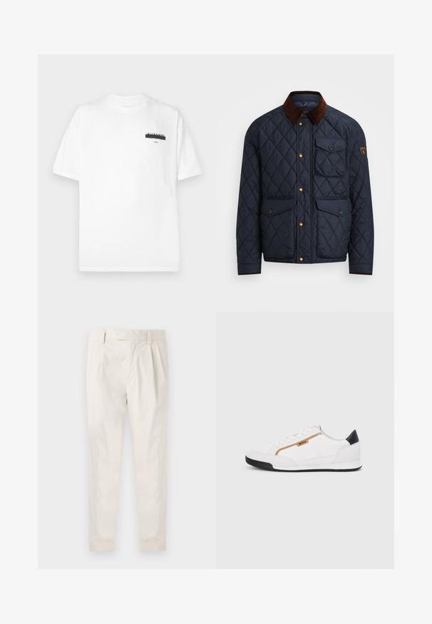 Veste matelassée marine avec col en velours côtelé brun, dotée de boutons-pression dorés, de quatre poches avant et d'un patch logo sur la manche gauche.; T-shirt en coton blanc avec un col rond, des manches courtes et un graphique noir minimaliste imprimé sur la poitrine. Texture douce et coupe standard.; Pantalons blancs plissés avec une coupe ajustée, dotés d'une texture lisse, de passants de ceinture et de jambes fuselées. Pas de poches visibles ni de motifs.; Baskets blanches avec des accents en maille et en cuir. Caractéristiques d'un logo "BOSS" doré, de panneaux latéraux texturés et d'un capuchon de talon noir. Semelle en caoutchouc.