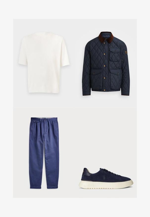 Jūras zila piegrieztā jakas ar brūnu korduroja apkakli, ar zelta kniedēm, četriem priekšējiem kabatām un logo uzšuvumu kreisajā piedurknē.; Balta īsām piedurknēm ribota džemperis. Apļveida kakla izgriezums un maiga tekstūra. Tieša piegrieztne ar smalku spīdumu. Viegls un universāls dizains.; Navy krāsas kokvilnas bikses ar brīvu piegriezumu, ar krokām priekšpusē, divām sānu kabatām un pogu aizdari jostasvietā.; Jūras kara flotes zamšādas zemas kedas ar strukturētu virsmu, gumijas zoli un tonālām šņorēm, ar mazu logotipu uz sāna un papēža.