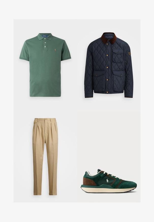 Casaco acolchoado azul-marinho com gola de veludo castanho, apresentando botões de pressão dourados, quatro bolsos frontais e um emblema no braço esquerdo.; Polo verde feito de algodão com colarinho, pala com dois botões e pequeno logótipo bordado no peito. Textura suave.; Calças de linho bege com corte reto, apresentando dois plissados frontais, fecho com botão e bolsos laterais. Tecido texturizado com um acabamento suave.; Ténis masculinos em camurça verde-escuro e castanho, com painéis de malha, atacadores brancos e uma sola de borracha. Apresenta um logótipo na lateral.