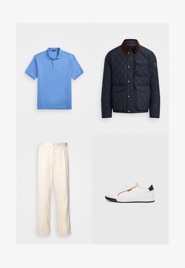 Ναυτικό πουπουλένιο μπουφάν με καφέ κορδόνι στον γιακά, διαθέτει χρυσά κουμπιά, τέσσερις μπροστινές τσέπες και ένα λογότυπο στο αριστερό μανίκι.; Ανοιχτό μπλε πουκάμισο πόλο φτιαγμένο από λείο βαμβακερό ύφασμα. Διαθέτει κλασικό γιακά, πλέγμα τριών κουμπιών και κεντητό λογότυπο στο αριστερό στήθος.; Μπεζ βαμβακερό παντελόνι με ίσια γραμμή, διαθέτει κουμπί κλεισίματος και πτυχές στο μπροστινό μέρος για επιπλέον λεπτομέρεια.; Λευκά αθλητικά παπούτσια με λεπτομέρειες από διχτυωτό και δερμάτινο υλικό. Διαθέτουν χρυσό λογότυπο "BOSS", υφασμάτινες πλευρές με υφή και μαύρη κάλυψη στη φτέρνα. Ελαστική σόλα.
