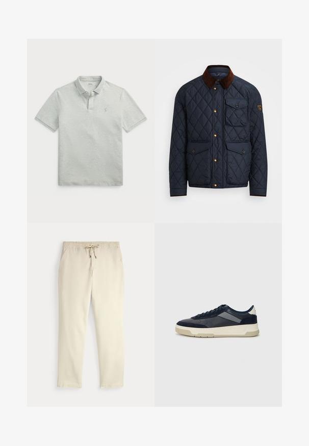 Námornícky prešívaný kabát s hnedým kordovým golierom, ktorý má zlaté cvoky, štyri predné vrecká a nášivku s logom na ľavom rukáve.; Pánska polo košeľa svetlosivej farby s úzkymi horizontálnymi pruhmi. Má klasický golier a malé vyšívané logo na hrudi.; Krémové voľné nohavice s elastickým pásom a šnúrkou, rovné nohy a bočné vrecká na jednofarebnom pozadí.; BOSS BALTIMORE - Tenisky - open blue