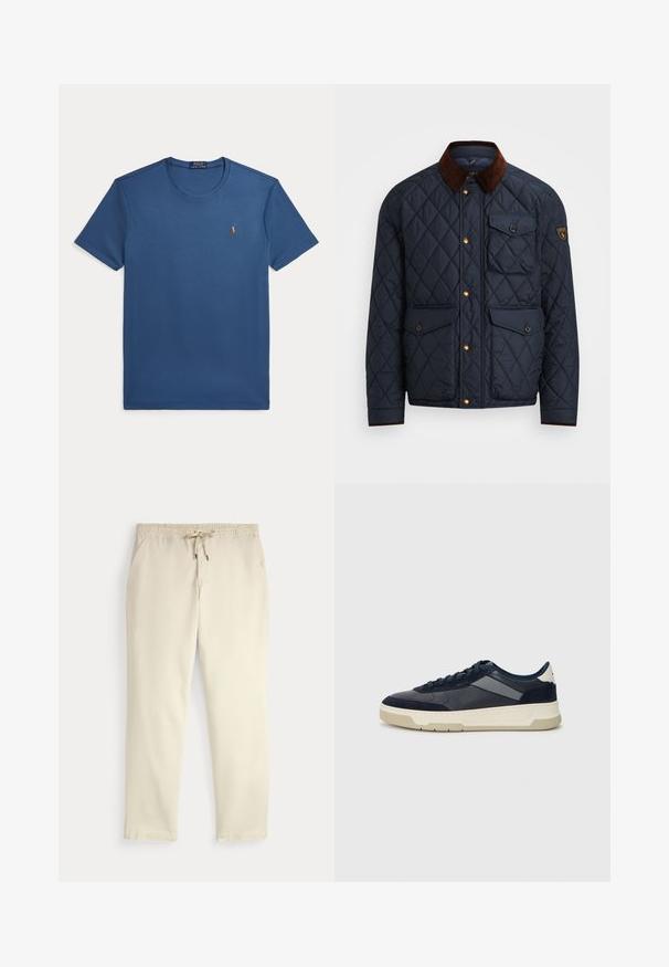 Casaco acolchoado azul-marinho com gola de veludo castanho, apresentando botões de pressão dourados, quatro bolsos frontais e um emblema no braço esquerdo.; T-shirt azul de manga curta com decote redondo e pequeno logótipo bordado da Polo Ralph Lauren no lado esquerdo do peito.; Calças casuais off-white com cintura elástica e cordão, pernas retas e bolsos laterais, contra um fundo liso.; BOSS BALTIMORE - Sapatilhas - open blue