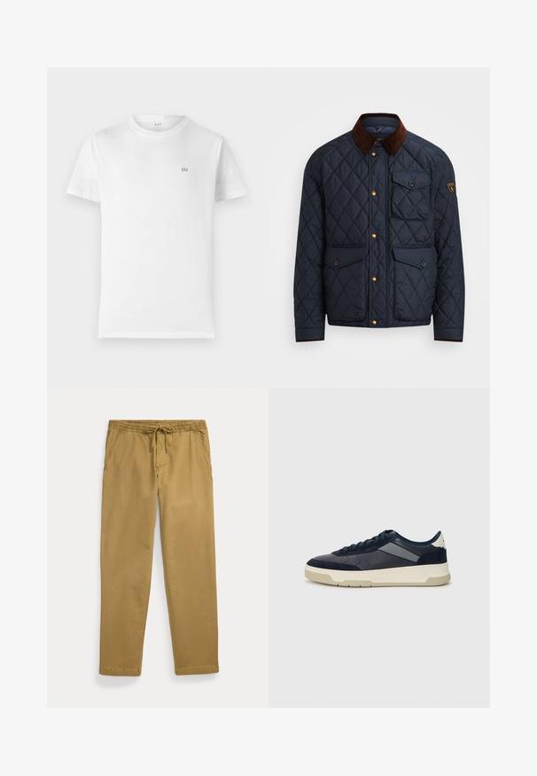 Casaco acolchoado azul-marinho com gola de veludo castanho, apresentando botões de pressão dourados, quatro bolsos frontais e um emblema no braço esquerdo.; T-shirt de algodão branca com um clássico decote redondo, mangas curtas e um pequeno logotipo cinza da GAP no lado esquerdo do peito. Design simples e sem adornos.; Calças khaki de perna reta com cintura elástica e cordão na frente, apresentando bolsos frontais inclinados e bainhas costuradas.; BOSS BALTIMORE - Sapatilhas - open blue