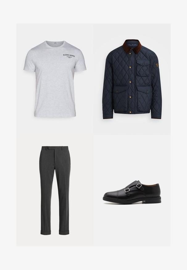 Tengerészeti steppelt dzseki barna kordbársony gallérral, arany patentgombokkal, négy elülső zsebbel, és logóval ellátott folttal a bal ujján.; Világosszürke pamut póló, rövid ujjal és kerek nyakkivágással. Fekete logó nyomtatva a bal felső mellen.; Sötétszürke texturált anyagból készült nadrág, egyenes szárú kialakítással, övhurkokkal és felhajtott szegélyekkel.; Fekete bőrből készült cipő dupla csatolóval, lekerekített orral, diszkrét varrással, és lapos, texturált gumitalppal.