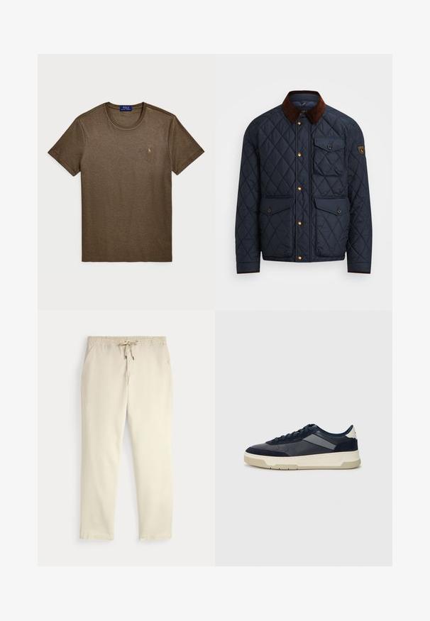 Tengerészeti steppelt dzseki barna kordbársony gallérral, arany patentgombokkal, négy elülső zsebbel, és logóval ellátott folttal a bal ujján.; Polo Ralph Lauren CUSTOM SLIM FIT SOFT COTTON T-SHIRT - Basic póló - cedar heather; Krém színű, laza nadrág, rugalmas derékrésszel és húzózsinórral, egyenes szárakkal és oldalsó zsebekkel, egyszínű háttér előtt.; BOSS BALTIMORE - Sportcipő - open blue