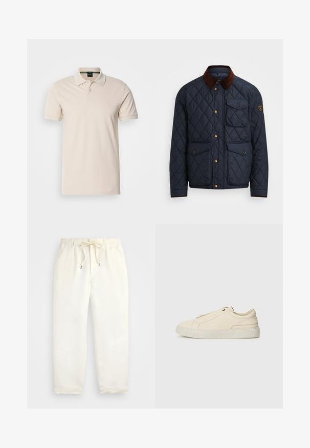 Jūrinis šiltas striukė su rudu kordurojo apykakle, su auksiniais spaustukais, keturiomis priekinėmis kišenėmis ir logotipo pleistru kairiajame rankove.; Grietos spalvos polo marškinėliai pagaminti iš medvilnės. Yra klasikinė apykaklė, trijų mygtukų užsegimas, trumpi rankovės ir siuvinėtas logotipas ant krūtinės.; Šviesiai kreminės spalvos, laisvalaikio kelnės iš minkštos medžiagos. Turi elastinį juosmenį su raišteliais ir siaurėjantį kojų dizainą.; Kreminio odos sportbačiai su apvaliu nosiu, minimalistiniu dizainu, subtiliomis siuvimo detalėmis ir tekstūrine viršutine dalimi, ant šviesios pado.