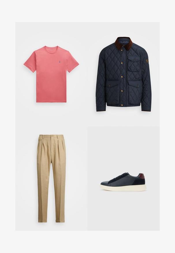 Laivastonsininen tikattu takki ruskealla samettikauluksella, jossa on kultaiset napsautusnapit, neljä etutaskua ja logotunnus vasemmassa hihaisessa.; Polo Ralph Lauren Big & Tall JERSEY CREWNECK T-SHIRT - T-paita - adirondack berry; Vaaleat pellavahousut suoralinjaisella leikkauksella, joissa on kaksi etukaitaletta, nappikiinnitys ja sivutaskut. Rakenteellinen kangas, jossa on sileä pinta.; Miestne bežecké tenisky s nízkym strihom v čiernej koži a semišovej úprave s bordovým jazykom a bielou gumovou podrážkou, pohľad z vonkajšej strany.