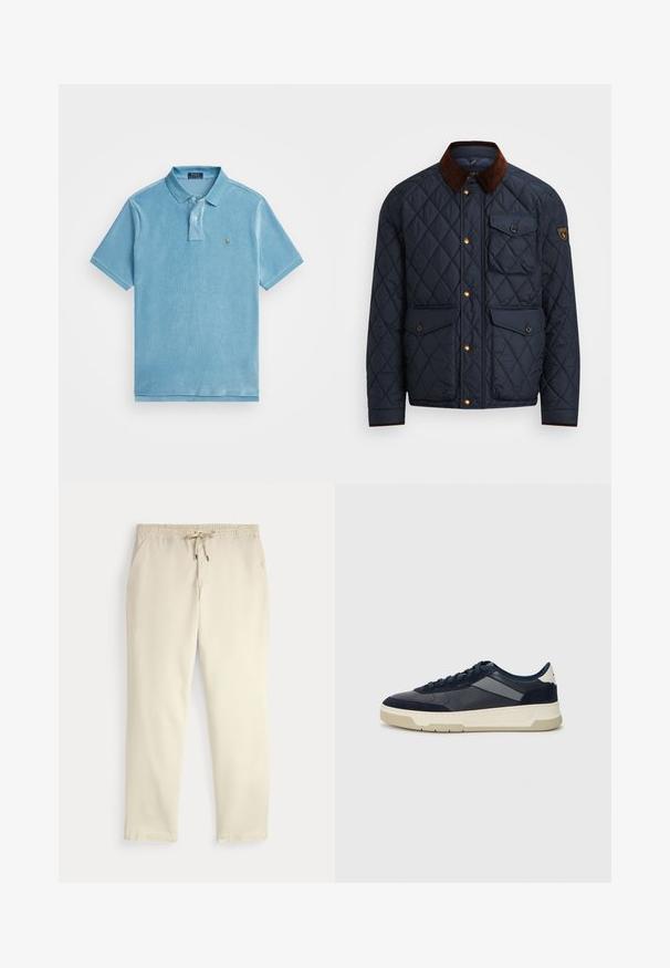 Granatowa pikowana kurtka z brązowym kołnierzem z kordurowej tkaniny, z złotymi zatrzaskami, czterema kieszeniami z przodu i naszywką z logo na lewym rękawie.; Polo Ralph Lauren - Koszulka polo; Casualne spodnie w kolorze off-white z elastycznym pasem i sznurkiem, proste nogawki i boczne kieszenie na jednolitym tle.; BOSS BALTIMORE niebieski