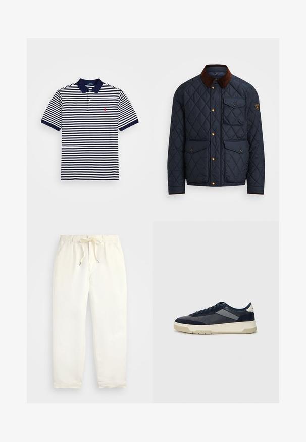 Ναυτικό πουπουλένιο μπουφάν με καφέ κορδόνι στον γιακά, διαθέτει χρυσά κουμπιά, τέσσερις μπροστινές τσέπες και ένα λογότυπο στο αριστερό μανίκι.; Ριγέ πόλο μπλούζα από μαλακό ύφασμα, διαθέτει ναυτικό μπλε και λευκές οριζόντιες ρίγες, τρεις κουμπιά στην πλαϊνή πλευρά και ένα μικρό κόκκινο λογότυπο.; Απαλή κρέμα, χαλαρές παντελόνες φτιαγμένες από μαλακό ύφασμα. Διαθέτουν ελαστική μέση με κορδόνι, και σχέδιο κωνικού ποδιού.; BOSS BALTIMORE - Αθλητικά παπούτσια - open blue