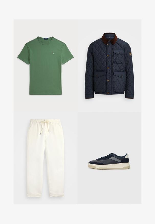 Ναυτικό πουπουλένιο μπουφάν με καφέ κορδόνι στον γιακά, διαθέτει χρυσά κουμπιά, τέσσερις μπροστινές τσέπες και ένα λογότυπο στο αριστερό μανίκι.; Πράσινο βαμβακερό T-shirt με στρογγυλή λαιμόκοψη και κοντά μανίκια. Διαθέτει ένα μικρό κεντημένο λογότυπο σε λευκό στο αριστερό στήθος.; Απαλή κρέμα, χαλαρές παντελόνες φτιαγμένες από μαλακό ύφασμα. Διαθέτουν ελαστική μέση με κορδόνι, και σχέδιο κωνικού ποδιού.; BOSS BALTIMORE - Αθλητικά παπούτσια - open blue