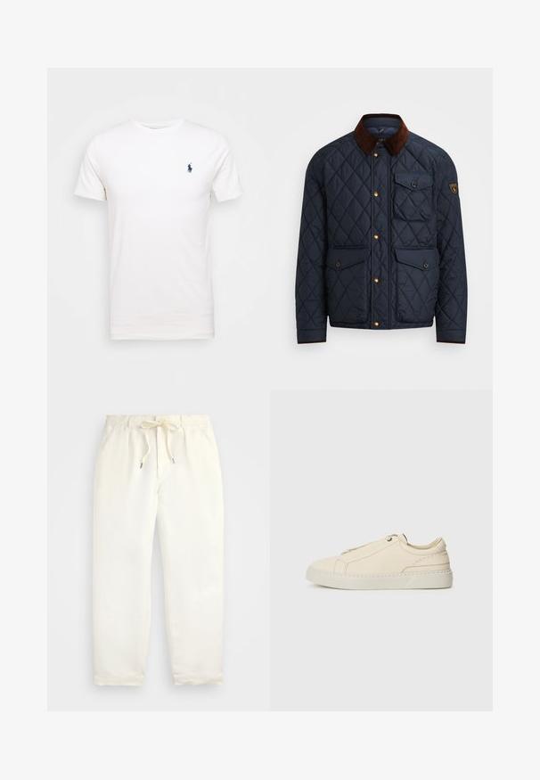 Navy quilted jacket with brown corduroy collar, featuring gold snap buttons, four front pockets, and a logo patch on the left sleeve.; White cotton t-shirt with a crew neck. Features a small dark blue logo on the left chest. Short sleeves, smooth texture.; Light cream, casual pants made of soft fabric. Features an elastic waistband with a drawstring, and tapered leg design.; Beige leather sneaker with a rounded toe, minimalistic design, subtle stitching details, and a textured upper, on a light sole.