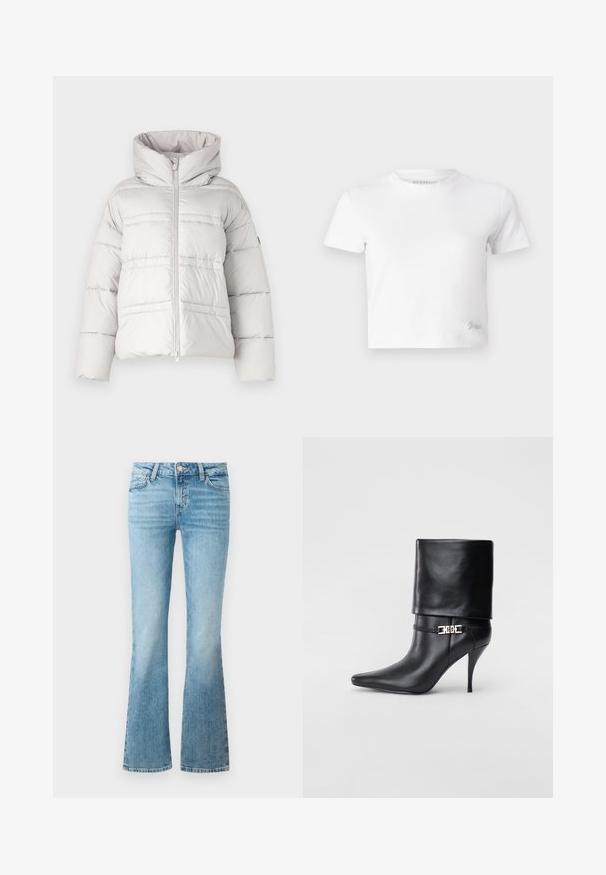 Casaco puffer cinza claro com gola alta, fecho frontal em zíper e detalhes em costura horizontal; apresenta textura almofadada e um corte solto.; T-shirt cropped branco feito de algodão suave, com um decote alto e mangas curtas. Pequeno logótipo bordado no canto inferior.; Calças de ganga de cintura baixa em azul claro, com bolsos frontais, passantes para cinto e fecho com botão.; Bota de tornozelo em couro preto com bico fino, alto salto stiletto, punho dobrado e detalhe decorativo em fivela dourada no tornozelo.