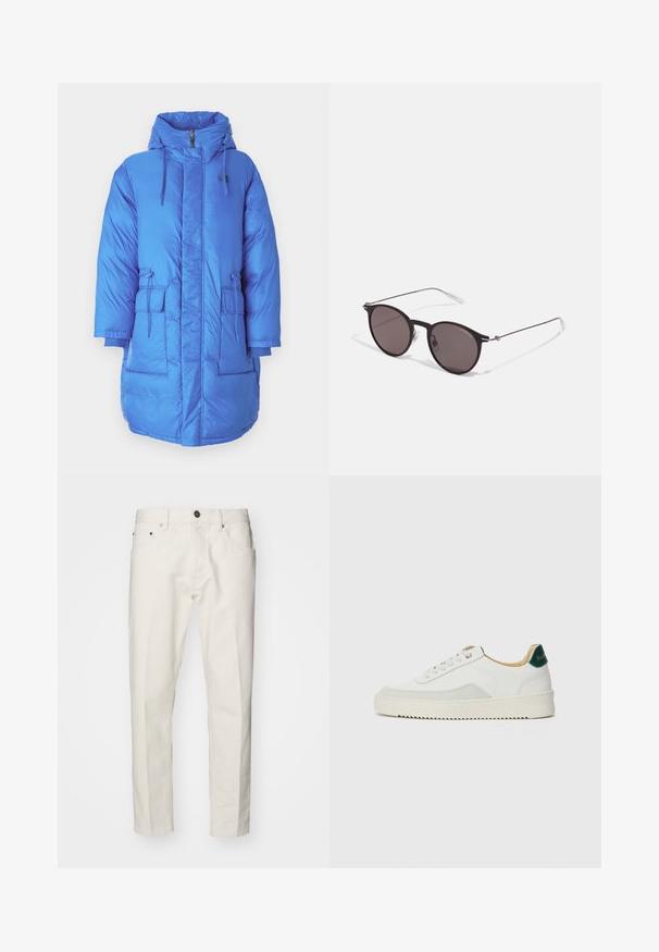 Blue puffer coat with a high collar, hood, front zip, two large front pockets, and adjustable drawstrings. Smooth, shiny material.; Black cotton T-shirt featuring a round neckline, short sleeves, and "EMPORIO ARMANI" logo in white above "Milano" in a curved design.; White cotton jeans with a straight leg design, featuring five pockets, a button closure, and minimal stitching details.; White sneaker with suede accents, rounded toe, flat laces, and a cream rubber sole. Features green branding on the heel.; Black round sunglasses with dark lenses and slim metal arms. Includes clear temple tips and silver accents at the hinge. Minimalist design.