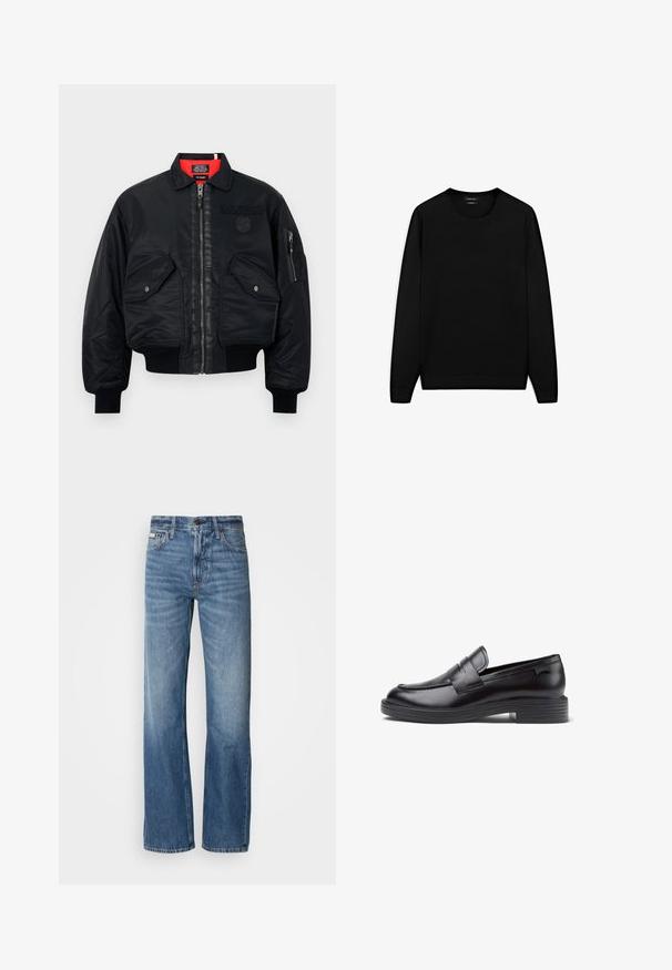 Giacca bomber nera con chiusura zip, dotata di una fodera interna rossa, due tasche frontali e una tasca laterale. Tessuto texturizzato con finitura opaca.; Maglione nero a maniche lunghe con scollatura tonda. Realizzato in tessuto morbido, presenta una vestibilità classica e polsini e orlo a costine. Senza motivi o decorazioni.; Camicia grigia a maniche lunghe con bottoni, realizzata in cotone morbido. Presenta un colletto classico e un orlo arrotondato con sei bottoni scuri sulla parte frontale.; Jeans in denim blu con una vestibilità a gamba dritta, vita alta e un leggero sbiadimento. Dotati di chiusura con bottone e zip e design classico a cinque tasche.; Mocassino in pelle nera con un tacchetto basso rigato, punta tonda, dettagli cuciti decorativi e una fascetta frontale. Texture liscia.