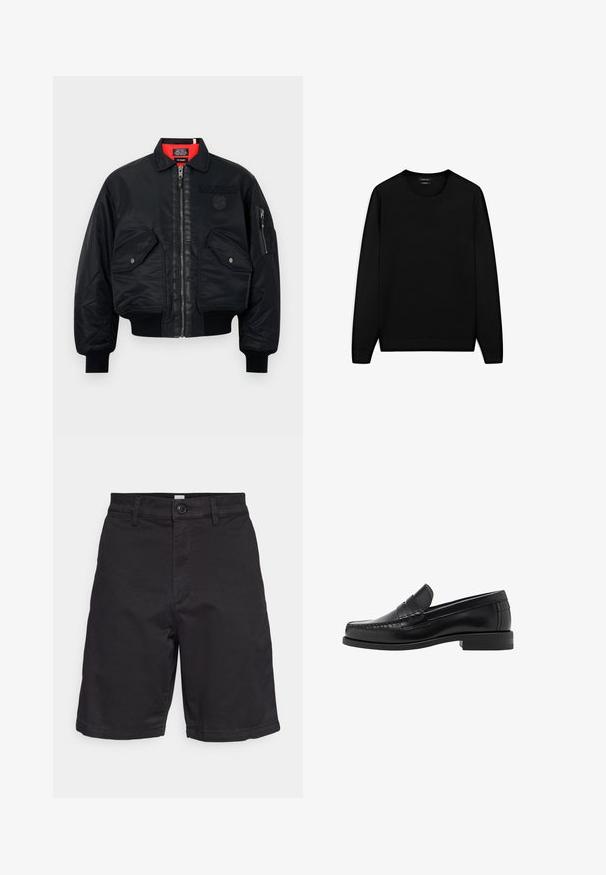 Černá bomber bunda se zipovým zapínáním, s červenou podšívkou, dvěma předními kapsami a jednou boční kapsou. Texturovaná tkanina s matným povrchem.; Černý svetr s dlouhým rukávem akulatým výstřihem. Vyrobený z měkké látky, s klasickým střihem a žebrovanými manžetami a lemem. Bez vzorů nebo akcentů.; Šedá košile s dlouhým rukávem na knoflíky vyrobená z hladké bavlny. Má klasický límec a zaoblený lem s šesti tmavými knoflíky vpředu.; GAP ESSENTIAL SHORT - Šortky - true black; Černé kožené mokasíny s hladkým povrchem, prošíváním na špičce a nízkým podpatkem pro komfort a styl.