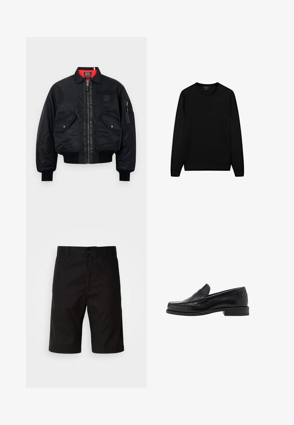 Giacca bomber nera con chiusura zip, dotata di una fodera interna rossa, due tasche frontali e una tasca laterale. Tessuto texturizzato con finitura opaca.; Maglione nero a maniche lunghe con scollatura tonda. Realizzato in tessuto morbido, presenta una vestibilità classica e polsini e orlo a costine. Senza motivi o decorazioni.; Camicia grigia a maniche lunghe con bottoni, realizzata in cotone morbido. Presenta un colletto classico e un orlo arrotondato con sei bottoni scuri sulla parte frontale.; Pantaloni corti neri realizzati in tessuto solido, caratterizzati da una vestibilità dritta, chiusura con bottone e una texture liscia senza motivi visibili.; Mocassini in pelle nera con una finitura liscia, dettagli cuciti sulla punta e un design a tacco basso per comfort e stile.