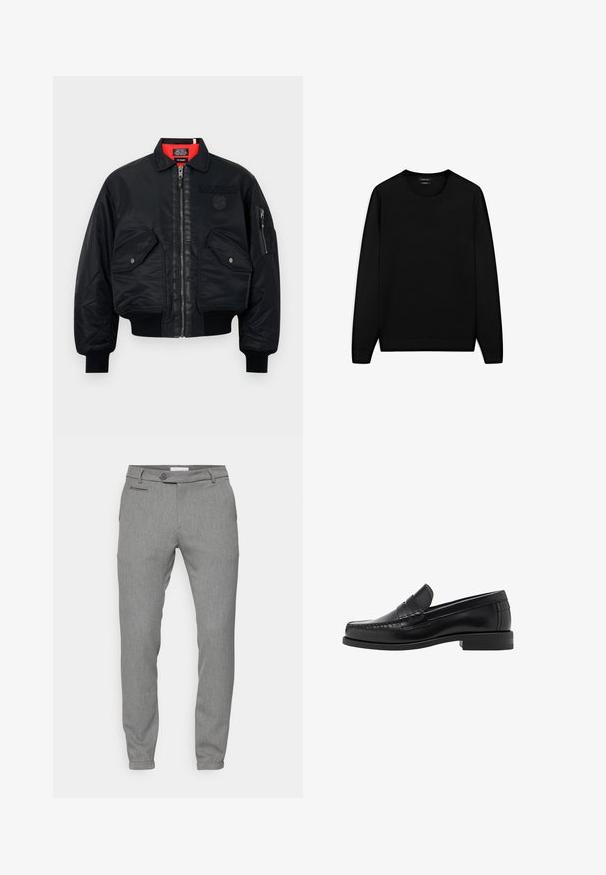 Schwarze Bomberjacke mit Reißverschluss, featuring ein rotes Innenfutter, zwei Fronttaschen und eine Seitentasche. Strukturierter Stoff mit matter Oberfläche.; Schwarzer Langarmpullover mit rundem Ausschnitt. Hergestellt aus weichem Stoff, mit klassischer Passform und gerippten Bündchen und Saum. Keine Muster oder Akzente.; Graues Langarm-Hemd mit Knopfverschluss, hergestellt aus glattem Baumwollstoff. Verfügt über einen klassischen Kragen und einen abgerundeten Saum mit sechs dunklen Knöpfen auf der Vorderseite.; Graue Hose aus strukturiertem, gewebtem Stoff; Slim Fit; Fünf-Taschen-Design; Knopfverschluss; tapered Knöchel; dezentes Muster.; Schwarze Lederloafer mit glatter Oberfläche, genähten Details an der Zehe und einem flachen Absatzdesign für Komfort und Stil.