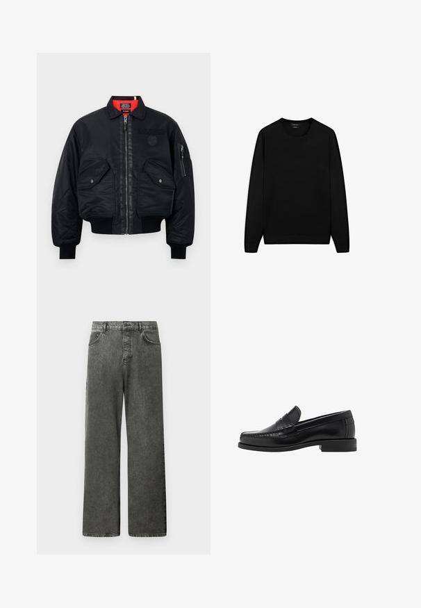 Giacca bomber nera con chiusura zip, dotata di una fodera interna rossa, due tasche frontali e una tasca laterale. Tessuto texturizzato con finitura opaca.; Maglione nero a maniche lunghe con scollatura tonda. Realizzato in tessuto morbido, presenta una vestibilità classica e polsini e orlo a costine. Senza motivi o decorazioni.; Camicia grigia a maniche lunghe con bottoni, realizzata in cotone morbido. Presenta un colletto classico e un orlo arrotondato con sei bottoni scuri sulla parte frontale.; Jeans in denim nero a gamba larga con tasche anteriori e posteriori, passanti per cintura e chiusura con bottone in vita.; Mocassini in pelle nera con una finitura liscia, dettagli cuciti sulla punta e un design a tacco basso per comfort e stile.