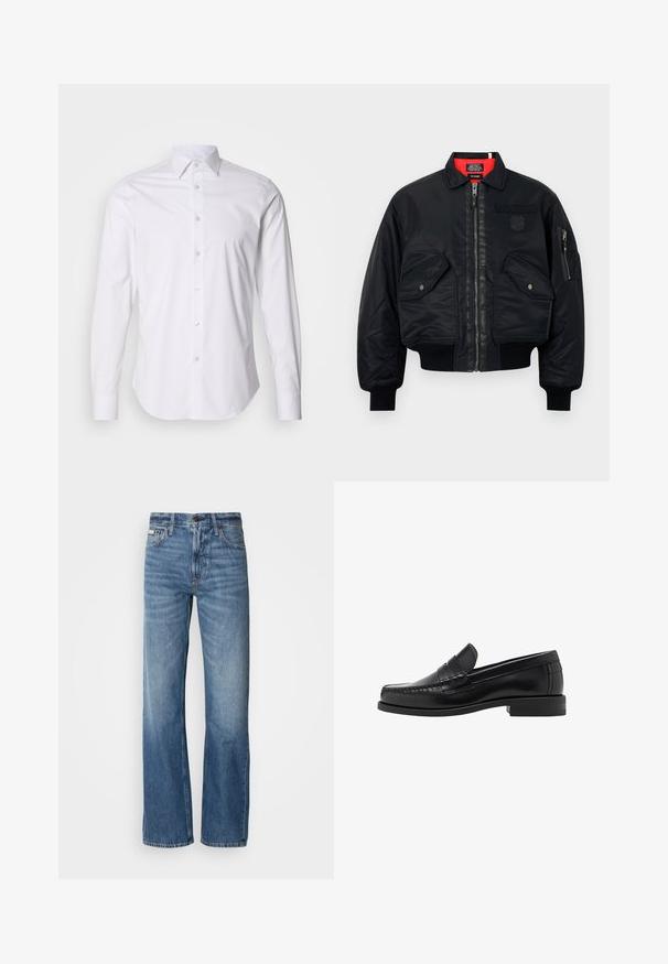 Giacca bomber nera con chiusura zip, dotata di una fodera interna rossa, due tasche frontali e una tasca laterale. Tessuto texturizzato con finitura opaca.; Maglione nero a maniche lunghe con scollatura tonda. Realizzato in tessuto morbido, presenta una vestibilità classica e polsini e orlo a costine. Senza motivi o decorazioni.; Camicia bianca a maniche lunghe con piccoli pois blu navy, colletto button-down e una leggera lucentezza, caratterizzata da un orlo curvo e chiusura frontale con bottoni standard.; Jeans in denim blu con una vestibilità a gamba dritta, vita alta e un leggero sbiadimento. Dotati di chiusura con bottone e zip e design classico a cinque tasche.; Mocassini in pelle nera con una finitura liscia, dettagli cuciti sulla punta e un design a tacco basso per comfort e stile.