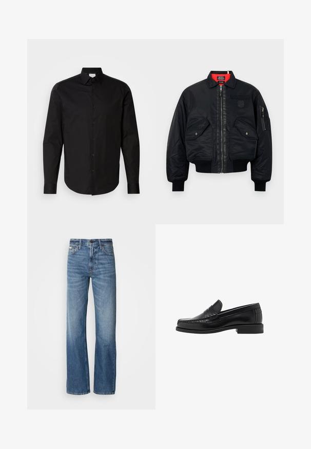Zwarte bomberjack met ritssluiting, voorzien van een rode binnenvoering, twee voorzakken en een zijzak. Getextureerde stof met een matte afwerking.; Zwarte lange mouwen trui met ronde hals. Gemaakt van zachte stof, met een klassieke pasvorm en geribde mouwen en onderrand. Geen patronen of accenten.; Zwarte langekleurige blouse met knopen, gemaakt van een gladde katoenen stof. Kenmerkt zich door een klassieke kraag, knopen aan de voorkant en een afgeronde zoom.; Blauwe spijkerbroek met een rechte pijp, hoge taille en subtiele vervaging. Voorzien van een knoop- en ritssluiting, en een klassieke vijf-pocketontwerp.; Zwarte leren instappers met een gladde afwerking, gestikte details op de neus en een lage hakontwerp voor comfort en stijl.