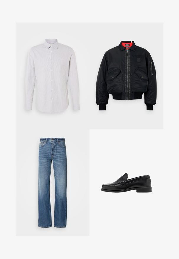 Giacca bomber nera con chiusura zip, dotata di una fodera interna rossa, due tasche frontali e una tasca laterale. Tessuto texturizzato con finitura opaca.; Maglione nero a maniche lunghe con scollatura tonda. Realizzato in tessuto morbido, presenta una vestibilità classica e polsini e orlo a costine. Senza motivi o decorazioni.; Camicia a maniche lunghe con colletto di colore bianco con sottili righe blu, dotata di chiusura con bottoni e un piccolo logo sul petto.; Jeans in denim blu con una vestibilità a gamba dritta, vita alta e un leggero sbiadimento. Dotati di chiusura con bottone e zip e design classico a cinque tasche.; Mocassini in pelle nera con una finitura liscia, dettagli cuciti sulla punta e un design a tacco basso per comfort e stile.