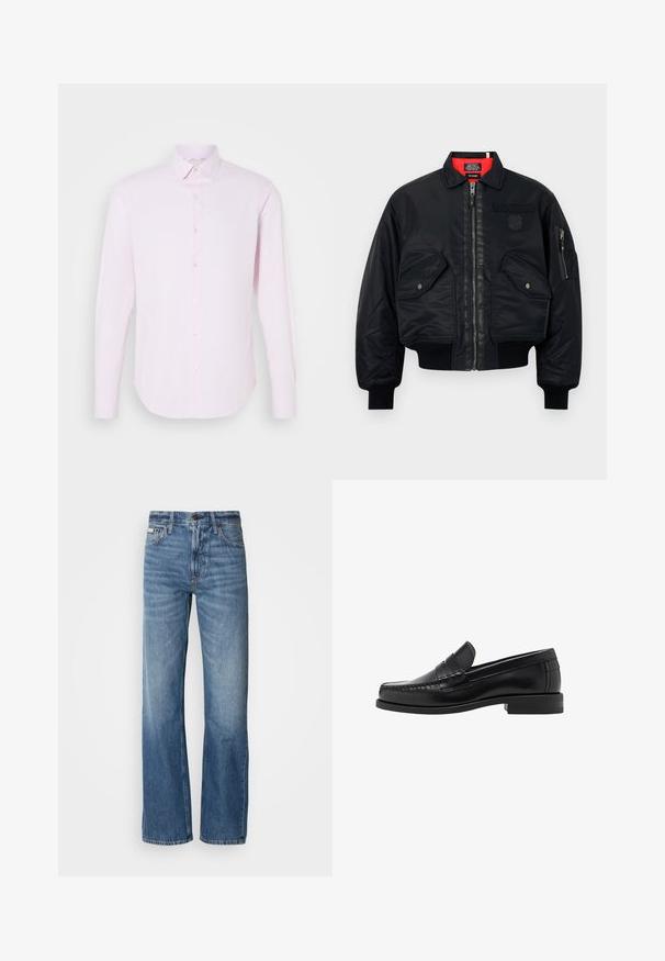 Giacca bomber nera con chiusura zip, dotata di una fodera interna rossa, due tasche frontali e una tasca laterale. Tessuto texturizzato con finitura opaca.; Maglione nero a maniche lunghe con scollatura tonda. Realizzato in tessuto morbido, presenta una vestibilità classica e polsini e orlo a costine. Senza motivi o decorazioni.; Camicia a maniche lunghe rosa chiaro con chiusura a bottoni, colletto a punta e una texture liscia. Caratterizzata da sottili righe verticali e una vestibilità affusolata.; Jeans in denim blu con una vestibilità a gamba dritta, vita alta e un leggero sbiadimento. Dotati di chiusura con bottone e zip e design classico a cinque tasche.; Mocassini in pelle nera con una finitura liscia, dettagli cuciti sulla punta e un design a tacco basso per comfort e stile.