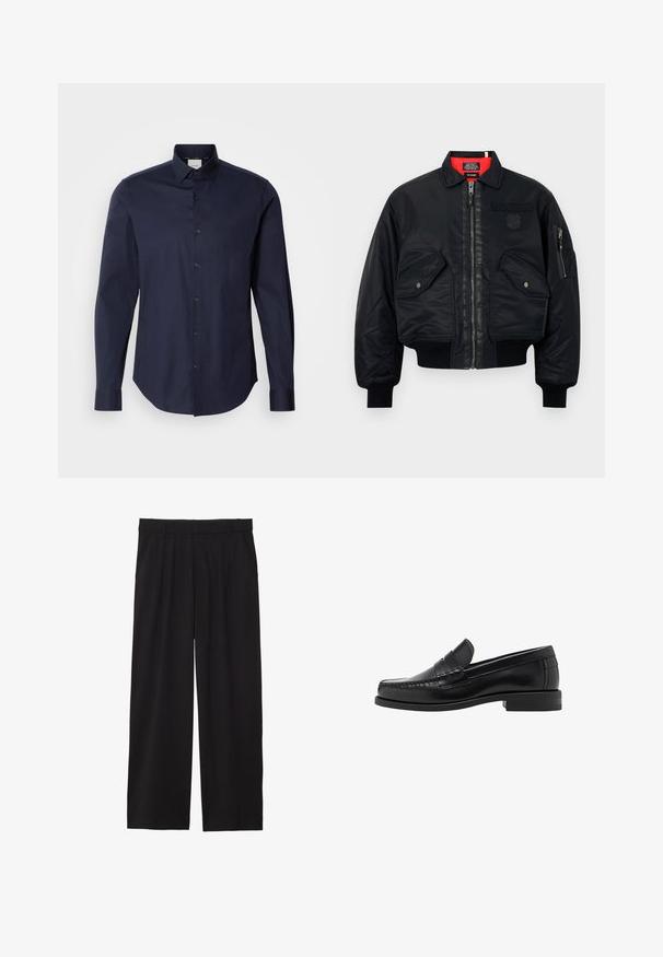 Zwarte bomberjack met ritssluiting, voorzien van een rode binnenvoering, twee voorzakken en een zijzak. Getextureerde stof met een matte afwerking.; Zwarte lange mouwen trui met ronde hals. Gemaakt van zachte stof, met een klassieke pasvorm en geribde mouwen en onderrand. Geen patronen of accenten.; Marineblauwe button-up shirt van katoen. Voorzien van lange mouwen, een puntige kraag en een knoopsluiting met bijpassende knopen. Dankzij de gladde textuur.; Zwarte wijde broek met geplooide voorkant, zijzakken en een gladde stoftextuur. Ontworpen voor een ontspannen pasvorm.; Zwarte leren instappers met een gladde afwerking, gestikte details op de neus en een lage hakontwerp voor comfort en stijl.