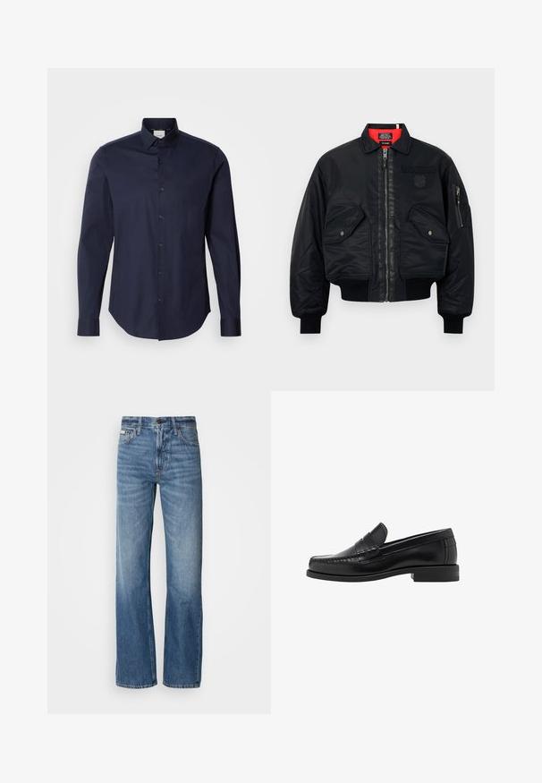 Zwarte bomberjack met ritssluiting, voorzien van een rode binnenvoering, twee voorzakken en een zijzak. Getextureerde stof met een matte afwerking.; Zwarte lange mouwen trui met ronde hals. Gemaakt van zachte stof, met een klassieke pasvorm en geribde mouwen en onderrand. Geen patronen of accenten.; Marineblauwe button-up shirt van katoen. Voorzien van lange mouwen, een puntige kraag en een knoopsluiting met bijpassende knopen. Dankzij de gladde textuur.; Blauwe spijkerbroek met een rechte pijp, hoge taille en subtiele vervaging. Voorzien van een knoop- en ritssluiting, en een klassieke vijf-pocketontwerp.; Zwarte leren instappers met een gladde afwerking, gestikte details op de neus en een lage hakontwerp voor comfort en stijl.