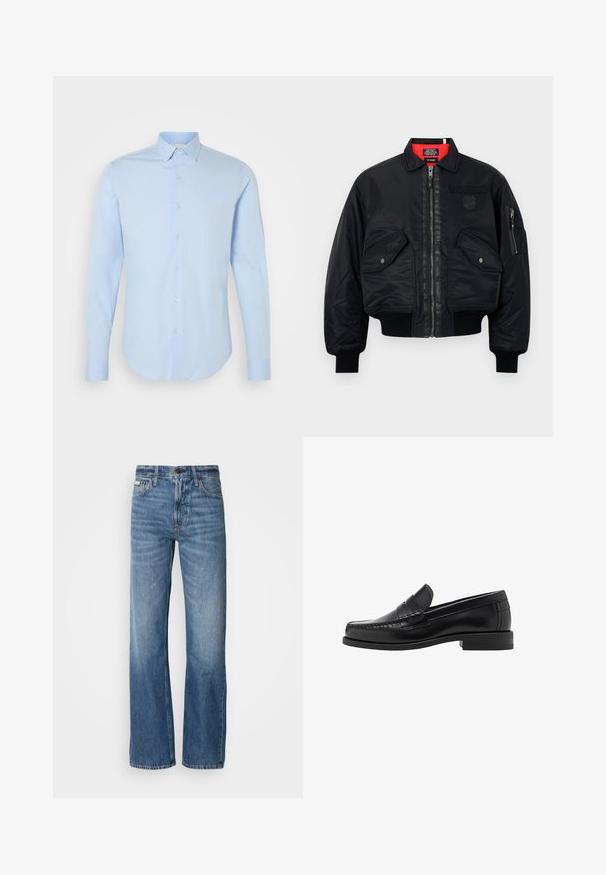 Zwarte bomberjack met ritssluiting, voorzien van een rode binnenvoering, twee voorzakken en een zijzak. Getextureerde stof met een matte afwerking.; Zwarte lange mouwen trui met ronde hals. Gemaakt van zachte stof, met een klassieke pasvorm en geribde mouwen en onderrand. Geen patronen of accenten.; Lichtblauw overhemd met lange mouwen en knoopsluiting, voorzien van een klassieke kraag, afgeronde onderkant en parelmoer knopen. Glad katoen met een getailleerde pasvorm.; Blauwe spijkerbroek met een rechte pijp, hoge taille en subtiele vervaging. Voorzien van een knoop- en ritssluiting, en een klassieke vijf-pocketontwerp.; Zwarte leren instappers met een gladde afwerking, gestikte details op de neus en een lage hakontwerp voor comfort en stijl.