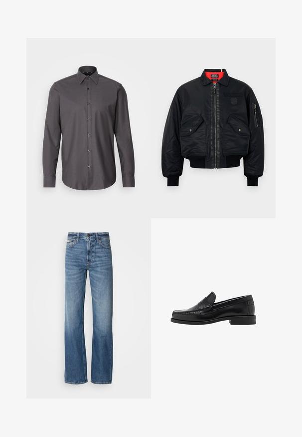 Giacca bomber nera con chiusura zip, dotata di una fodera interna rossa, due tasche frontali e una tasca laterale. Tessuto texturizzato con finitura opaca.; Maglione nero a maniche lunghe con scollatura tonda. Realizzato in tessuto morbido, presenta una vestibilità classica e polsini e orlo a costine. Senza motivi o decorazioni.; Camicia button-up grigio scuro con maniche lunghe, colletto e piccolo motivo testurizzato. Presenta bottoni lucidi e un orlo arrotondato.; Jeans in denim blu con una vestibilità a gamba dritta, vita alta e un leggero sbiadimento. Dotati di chiusura con bottone e zip e design classico a cinque tasche.; Mocassini in pelle nera con una finitura liscia, dettagli cuciti sulla punta e un design a tacco basso per comfort e stile.