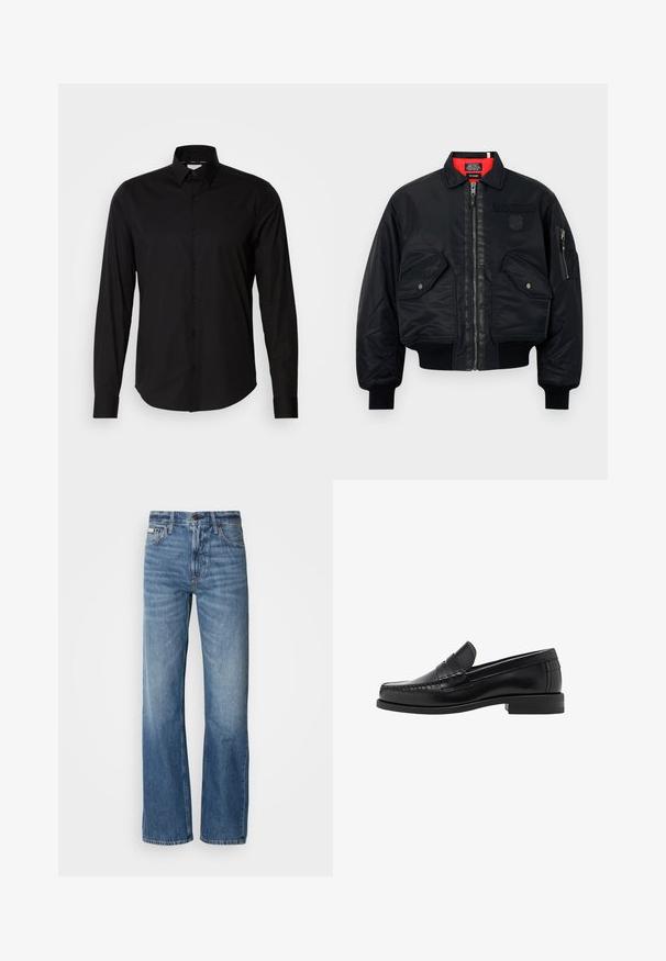 Zwarte bomberjack met ritssluiting, voorzien van een rode binnenvoering, twee voorzakken en een zijzak. Getextureerde stof met een matte afwerking.; Zwarte lange mouwen trui met ronde hals. Gemaakt van zachte stof, met een klassieke pasvorm en geribde mouwen en onderrand. Geen patronen of accenten.; Zwarte langgemouwen shirt van gladde stof. Bevat een klassieke kraag, knoopsluiting en rechte zoom. Geen patronen of accenten aanwezig.; Blauwe spijkerbroek met een rechte pijp, hoge taille en subtiele vervaging. Voorzien van een knoop- en ritssluiting, en een klassieke vijf-pocketontwerp.; Zwarte leren instappers met een gladde afwerking, gestikte details op de neus en een lage hakontwerp voor comfort en stijl.