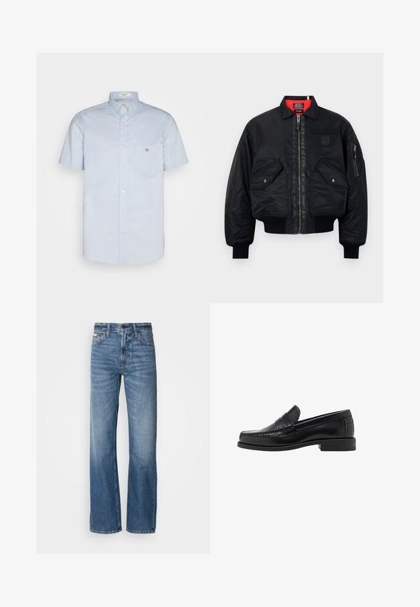 Schwarze Bomberjacke mit Reißverschluss, featuring ein rotes Innenfutter, zwei Fronttaschen und eine Seitentasche. Strukturierter Stoff mit matter Oberfläche.; Schwarzer Langarmpullover mit rundem Ausschnitt. Hergestellt aus weichem Stoff, mit klassischer Passform und gerippten Bündchen und Saum. Keine Muster oder Akzente.; Helles blaues Kurzarmhemd mit einem Button-Down-Kragen, ausgestattet mit einer linken Brusttasche und einem kleinen Logodetail. Aus glattem Stoff hergestellt.; Blaue Denim-Jeans mit geradem Bein, hoher Taille und dezenten Ausbleichungen. Sie verfügen über einen Knopf- und Reißverschluss sowie ein klassisches Fünf-Taschen-Design.; Schwarze Lederloafer mit glatter Oberfläche, genähten Details an der Zehe und einem flachen Absatzdesign für Komfort und Stil.