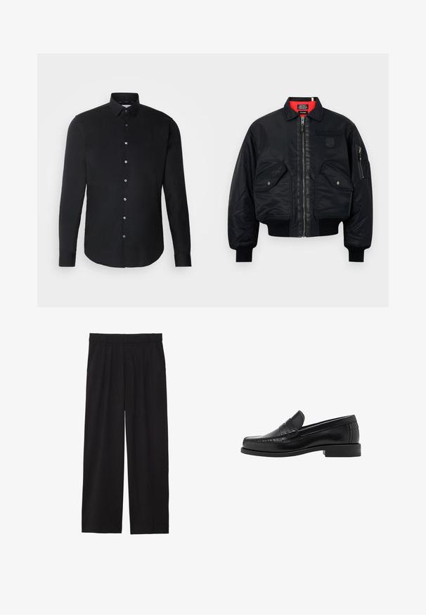 Zwarte bomberjack met ritssluiting, voorzien van een rode binnenvoering, twee voorzakken en een zijzak. Getextureerde stof met een matte afwerking.; Zwarte lange mouwen trui met ronde hals. Gemaakt van zachte stof, met een klassieke pasvorm en geribde mouwen en onderrand. Geen patronen of accenten.; Zwarte longsleeve shirt met een button-down kraag, frontknopen, rechte zoom en een gladde textuur; subtiele branding op de borst.; Zwarte wijde broek met geplooide voorkant, zijzakken en een gladde stoftextuur. Ontworpen voor een ontspannen pasvorm.; Zwarte leren instappers met een gladde afwerking, gestikte details op de neus en een lage hakontwerp voor comfort en stijl.