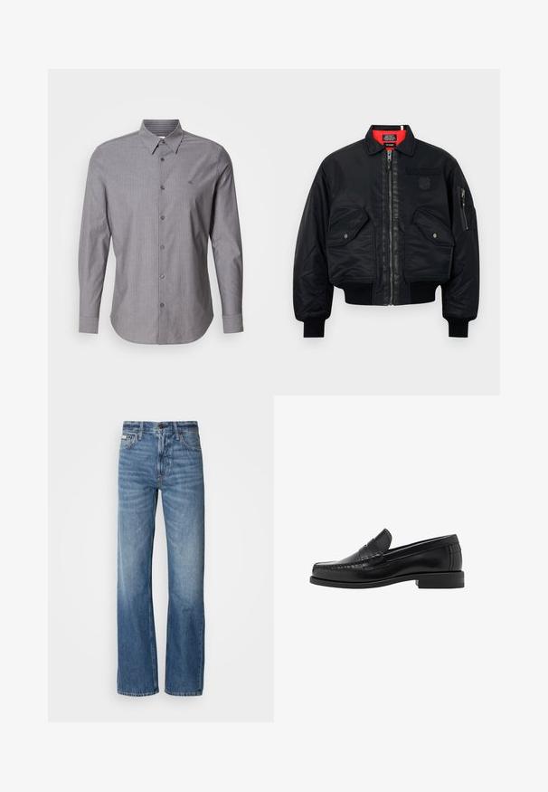 Schwarze Bomberjacke mit Reißverschluss, featuring ein rotes Innenfutter, zwei Fronttaschen und eine Seitentasche. Strukturierter Stoff mit matter Oberfläche.; Schwarzer Langarmpullover mit rundem Ausschnitt. Hergestellt aus weichem Stoff, mit klassischer Passform und gerippten Bündchen und Saum. Keine Muster oder Akzente.; Grau gestreiftes Langarmhemd aus Baumwolle, mit button-down Kragen und einem Logo auf der linken Brust. Schlanke Passform.; Blaue Denim-Jeans mit geradem Bein, hoher Taille und dezenten Ausbleichungen. Sie verfügen über einen Knopf- und Reißverschluss sowie ein klassisches Fünf-Taschen-Design.; Schwarze Lederloafer mit glatter Oberfläche, genähten Details an der Zehe und einem flachen Absatzdesign für Komfort und Stil.