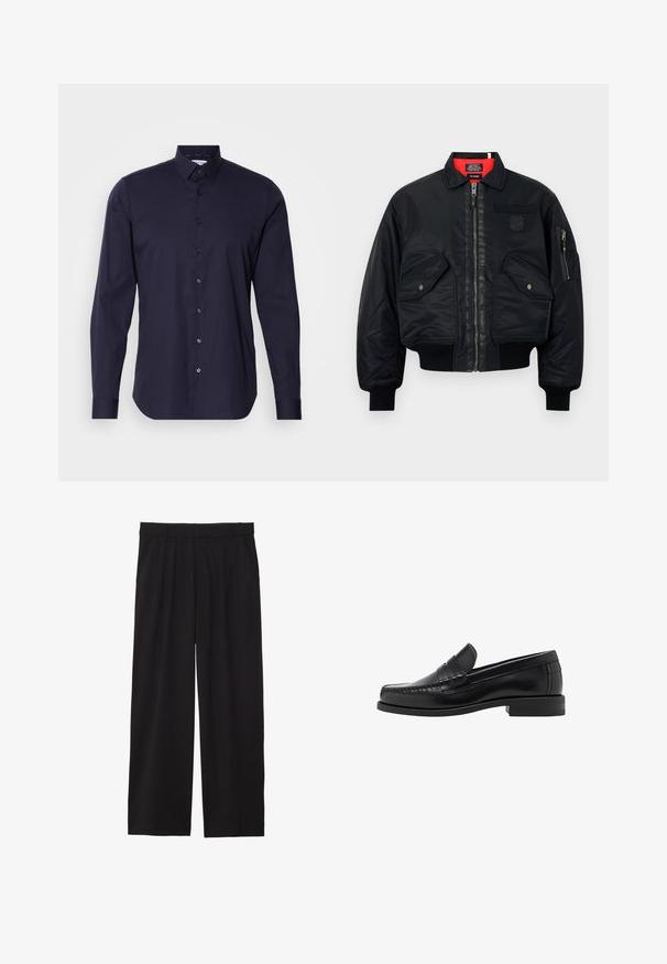 Black bomber jacket with a zip closure, featuring a red inner lining, two front pockets, and a side pocket. Textured fabric with a matte finish.; Black long-sleeve sweater with a round neckline. Made of soft fabric, featuring a classic fit and ribbed cuffs and hem. No patterns or accents.; Navy button-up shirt with long sleeves, classic collar, and a slim fit design. Made of smooth fabric with a subtle logo on the chest.; Black wide-leg trousers with a pleated front, side pockets, and a smooth fabric texture. Designed for a relaxed fit.; Black leather loafers with a smooth finish, stitched detailing on the toe, and a low heel design for comfort and style.