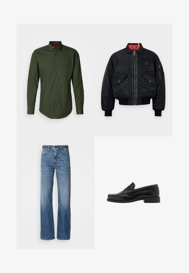Zwarte bomberjack met ritssluiting, voorzien van een rode binnenvoering, twee voorzakken en een zijzak. Getextureerde stof met een matte afwerking.; Zwarte lange mouwen trui met ronde hals. Gemaakt van zachte stof, met een klassieke pasvorm en geribde mouwen en onderrand. Geen patronen of accenten.; Donkergroene, lange mouwen shirt van zachte katoen, met een klassieke kraag, zwarte knopen en een gebogen zoom. Rode merklogo op de kraag.; Blauwe spijkerbroek met een rechte pijp, hoge taille en subtiele vervaging. Voorzien van een knoop- en ritssluiting, en een klassieke vijf-pocketontwerp.; Zwarte leren instappers met een gladde afwerking, gestikte details op de neus en een lage hakontwerp voor comfort en stijl.