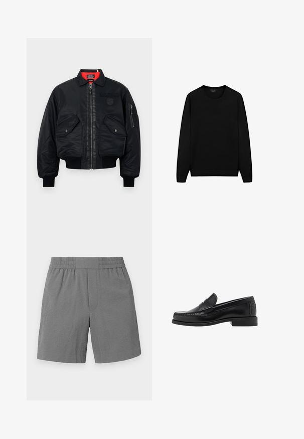 Schwarze Bomberjacke mit Reißverschluss, featuring ein rotes Innenfutter, zwei Fronttaschen und eine Seitentasche. Strukturierter Stoff mit matter Oberfläche.; Schwarzer Langarmpullover mit rundem Ausschnitt. Hergestellt aus weichem Stoff, mit klassischer Passform und gerippten Bündchen und Saum. Keine Muster oder Akzente.; Graue Shorts mit elastischem Bund, strukturiertem Stoff und geradem Schnitt. Verfügt über zwei Seitentaschen und ein dezentes, gemustertes Design.; Schwarze Lederloafer mit glatter Oberfläche, genähten Details an der Zehe und einem flachen Absatzdesign für Komfort und Stil.