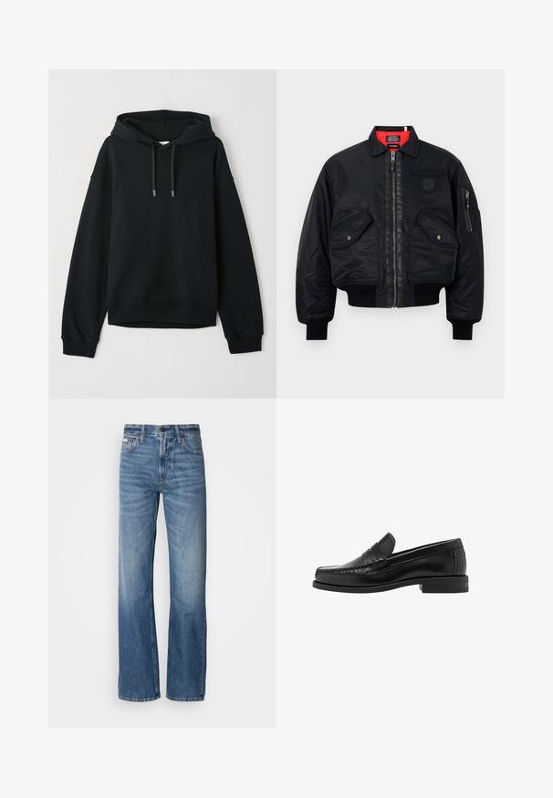 Schwarze Bomberjacke mit Reißverschluss, featuring ein rotes Innenfutter, zwei Fronttaschen und eine Seitentasche. Strukturierter Stoff mit matter Oberfläche.; Schwarzer Kapuzenpullover aus weich gepichtetem Baumwollgemisch. Mit einer verstellbaren Kapuze, gerippten Bündchen und Saum sowie einem dezenten Logo auf der Brust.; Graues Langarm-Hemd mit Knopfverschluss, hergestellt aus glattem Baumwollstoff. Verfügt über einen klassischen Kragen und einen abgerundeten Saum mit sechs dunklen Knöpfen auf der Vorderseite.; Blaue Denim-Jeans mit geradem Bein, hoher Taille und dezenten Ausbleichungen. Sie verfügen über einen Knopf- und Reißverschluss sowie ein klassisches Fünf-Taschen-Design.; Schwarze Lederloafer mit glatter Oberfläche, genähten Details an der Zehe und einem flachen Absatzdesign für Komfort und Stil.