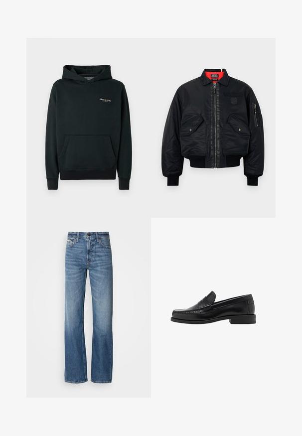 Zwarte bomberjack met ritssluiting, voorzien van een rode binnenvoering, twee voorzakken en een zijzak. Getextureerde stof met een matte afwerking.; Donkergroene hoodie van zachte stof, met een voorzak en ribgebreide manchetten en zoom. Klein wit logo op de borst.; Blauwe spijkerbroek met een rechte pijp, hoge taille en subtiele vervaging. Voorzien van een knoop- en ritssluiting, en een klassieke vijf-pocketontwerp.; Zwarte leren instappers met een gladde afwerking, gestikte details op de neus en een lage hakontwerp voor comfort en stijl.