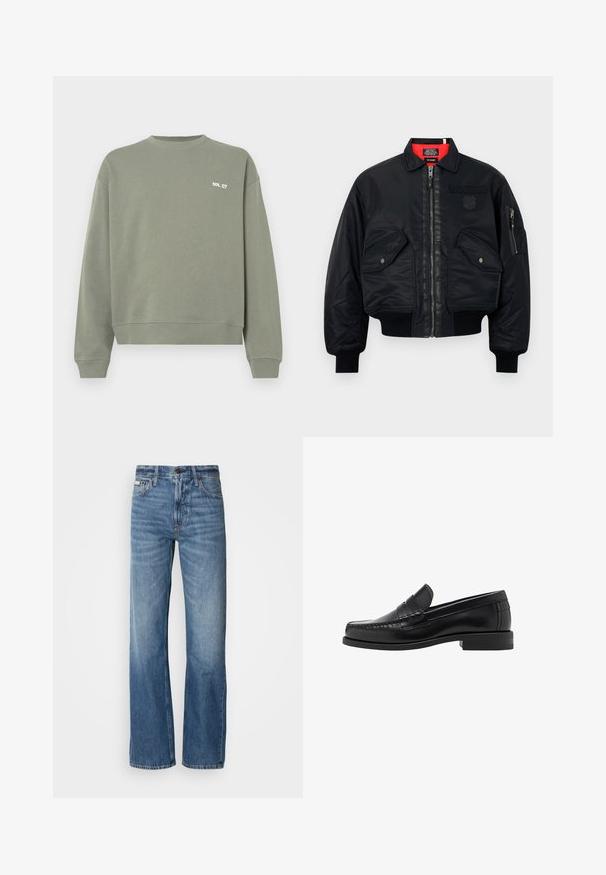 Giacca bomber nera con chiusura zip, dotata di una fodera interna rossa, due tasche frontali e una tasca laterale. Tessuto texturizzato con finitura opaca.; Felpa verde oliva realizzata in cotone, con scollo rotondo, polsini a coste e un piccolo logo in bianco sul petto.; Camicia grigia a maniche lunghe con bottoni, realizzata in cotone morbido. Presenta un colletto classico e un orlo arrotondato con sei bottoni scuri sulla parte frontale.; Jeans in denim blu con una vestibilità a gamba dritta, vita alta e un leggero sbiadimento. Dotati di chiusura con bottone e zip e design classico a cinque tasche.; Mocassini in pelle nera con una finitura liscia, dettagli cuciti sulla punta e un design a tacco basso per comfort e stile.