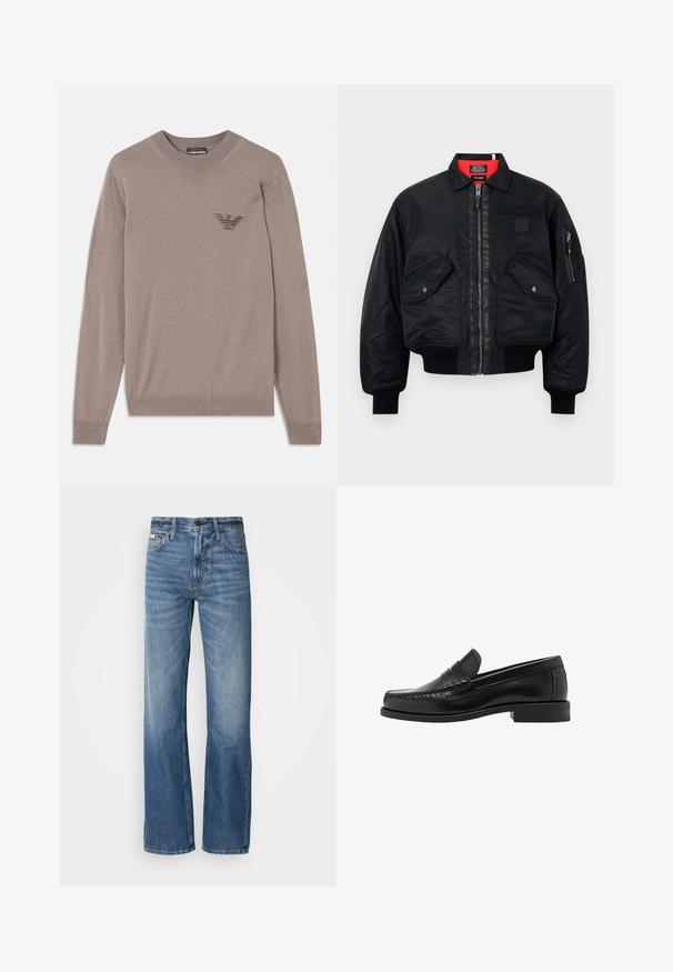 Črna bomberska jakna z zadrgo, ki vključuje rdečo notranjost, dve sprednji žepki in stranski žep. Teksturovan material z mat zaključkom.; Bež pulover z dolgimi rokavi, okroglim ovratnikom, rebrastim robom in izvezenim logotipom na predelu prsnega koša. Narejen iz mehkega, lahkega materiala.; Modre traperice z ravnim krojem, visokim pasom in diskretnim bledenjem. Vključujejo zapiranje na gumb in zadrgo ter klasičen dizajn s petimi žepi.; Črne usnjene loafer čevlje z gladko površino, šivani detajli na prstu in nizka peta za udobje in stil.